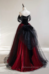 A-Line Off Shoulder Tulle Black/Burgundy Long Semi Formal Prom Dress