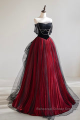 A-Line Off Shoulder Tulle Black/Burgundy Long Semi Formal Prom Dress