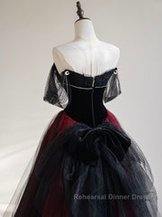 A-Line Off Shoulder Tulle Black/Burgundy Long Semi Formal Prom Dress