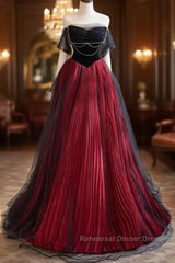 A-Line Off Shoulder Tulle Black/Burgundy Long Semi Formal Prom Dress