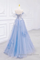 A-Line Off Shoulder Tulle Blue Long Semi Formal Prom Dress, Blue Long Formal Dress