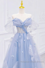 A-Line Off Shoulder Tulle Blue Long Semi Formal Prom Dress, Blue Long Formal Dress