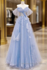 A-Line Off Shoulder Tulle Blue Long Semi Formal Prom Dress, Blue Long Formal Dress
