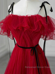 A-Line Off Shoulder Tulle Burgundy Long Semi Formal Prom Dress, Burgundy Long Formal Dress