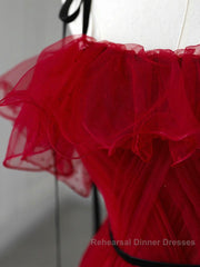 A-Line Off Shoulder Tulle Burgundy Long Semi Formal Prom Dress, Burgundy Long Formal Dress