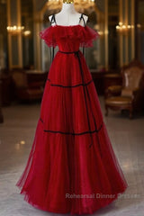 A-Line Off Shoulder Tulle Burgundy Long Semi Formal Prom Dress, Burgundy Long Formal Dress