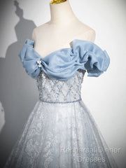 A-Line Off Shoulder Tulle Lace Beads Blue Long Semi Formal Prom Dress, Blue Long Formal Dress