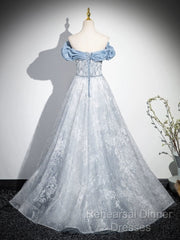 A-Line Off Shoulder Tulle Lace Beads Blue Long Semi Formal Prom Dress, Blue Long Formal Dress