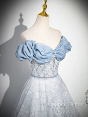 A-Line Off Shoulder Tulle Lace Beads Blue Long Semi Formal Prom Dress, Blue Long Formal Dress