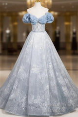 A-Line Off Shoulder Tulle Lace Beads Blue Long Semi Formal Prom Dress, Blue Long Formal Dress