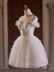 A-Line Off Shoulder Tulle Lace Light Champagne Short Semi Formal Prom Dress