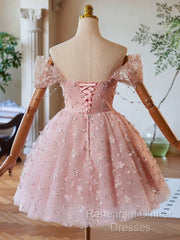 A-Line Off Shoulder Tulle Lace Pink Short Semi Formal Prom Dress, Pink Homecoming Dress