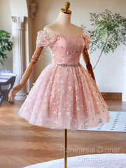 A-Line Off Shoulder Tulle Lace Pink Short Semi Formal Prom Dress, Pink Homecoming Dress