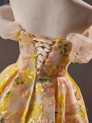 A-Line Off Shoulder Tulle Lace Short Yellow Semi Formal Prom Dress, Yellow Homecoming Dress