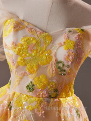 A-Line Off Shoulder Tulle Lace Short Yellow Semi Formal Prom Dress, Yellow Homecoming Dress