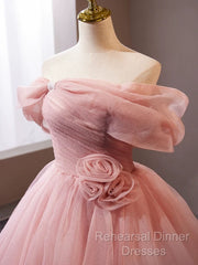 A-Line Off Shoulder Tulle Pink Long Semi Formal Prom Dress, Pink Long Formal Dress