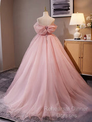 A-Line Off Shoulder Tulle Pink Long Semi Formal Prom Dress, Pink Long Formal Dress