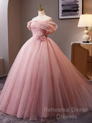 A-Line Off Shoulder Tulle Pink Long Semi Formal Prom Dress, Pink Long Formal Dress