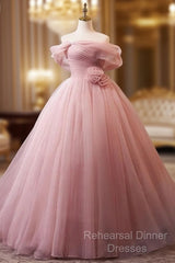 A-Line Off Shoulder Tulle Pink Long Semi Formal Prom Dress, Pink Long Formal Dress