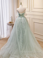 A-Line Off Shoulder Tulle Sequin Green Long Semi Formal Prom Dress, Green Formal Dress