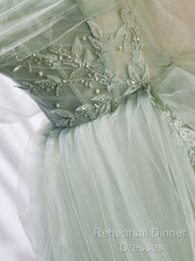 A-Line Off Shoulder Tulle Sequin Green Long Semi Formal Prom Dress, Green Formal Dress