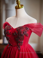 A-Line Off Shoulder V Neck Tulle Burgundy Short Semi Formal Prom Dress With Beads