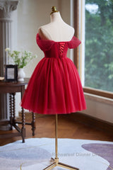 A-Line Off Shoulder V Neck Tulle Burgundy Short Semi Formal Prom Dress With Beads