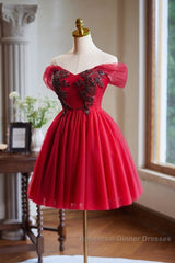 A-Line Off Shoulder V Neck Tulle Burgundy Short Semi Formal Prom Dress With Beads