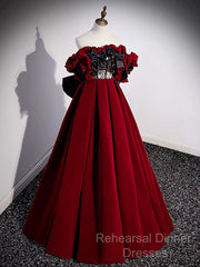 A-Line Off Shoulder Velvet Lace Burgundy Long Semi Formal Prom Dress, Burgundy Long Formal Dress