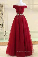 A-Line Off The Shoulder Red Tulle Semi Formal Prom Dress Evening Dress With Beading,