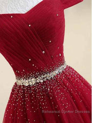 A-Line Off The Shoulder Red Tulle Semi Formal Prom Dress Evening Dress With Beading,