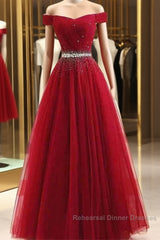 A-Line Off The Shoulder Red Tulle Semi Formal Prom Dress Evening Dress With Beading,