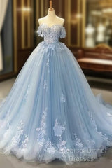 A-Line Off-The-Shoulder Sweetheart Sweep Train Tulle Semi Formal Prom Dress, Sky Blue Applique Wedding Dress