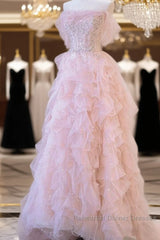 A Line Off The Shoulder Tulle Pink Tiered Semi Formal Prom Dresses Evening Dress