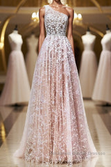 A Line One Shoulder Pink Lace Long Semi Formal Prom Dresses, Pink Lace Formal Dresses, Pink Evening Dresses