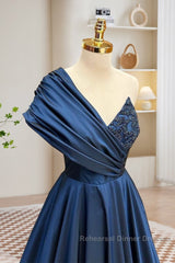 A-Line One Shoulder Satin Beads Dark Blue Long Semi Formal Prom Dress, Blue Long Evening Dress