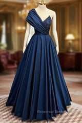 A-Line One Shoulder Satin Beads Dark Blue Long Semi Formal Prom Dress, Blue Long Evening Dress