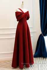 A-Line One Shoulder Satin Burgundy Long Semi Formal Prom Dress, Burgundy Long Formal Dress