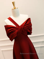 A-Line One Shoulder Satin Burgundy Long Semi Formal Prom Dress, Burgundy Long Formal Dress