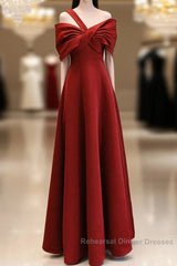 A-Line One Shoulder Satin Burgundy Long Semi Formal Prom Dress, Burgundy Long Formal Dress