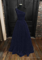 A-line One-Shoulder Sleeveless Long/Floor-Length Sequined Prom Dresses With Pockets