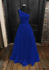 A-line One-Shoulder Sleeveless Long/Floor-Length Sequined Prom Dresses With Pockets