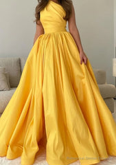 A-line One-Shoulder Sleeveless Sweep Train Satin Prom Dresses with Pleated