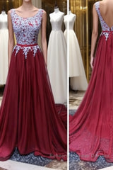 A Line Open Back Lace Burgundy Semi Formal Prom Dresses, Burgundy Formal Dresses