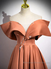 A-Line Orange Satin Beaded Sweetheart Semi Formal Prom Dress, Orange Long Evening Dress