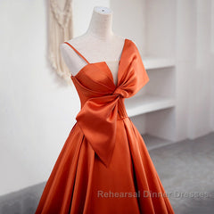 A Line Orange Satin Semi Formal Prom Dress Sweet Bow Birthday Party Dress