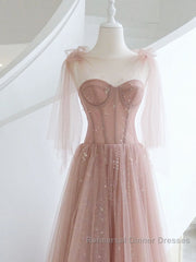 A-Line Pink Round Neck Tulle Long Semi Formal Prom Dresses, Pink Formal Evening Dresses