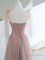 A-Line Pink Round Neck Tulle Long Semi Formal Prom Dresses, Pink Formal Evening Dresses