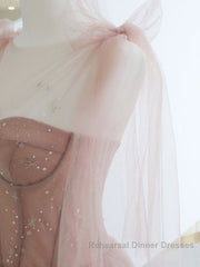 A-Line Pink Round Neck Tulle Long Semi Formal Prom Dresses, Pink Formal Evening Dresses