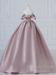 A-Line Pink Satin Long Off Shoulder Semi Formal Prom Dress Quinceanera Dress Evening Dress